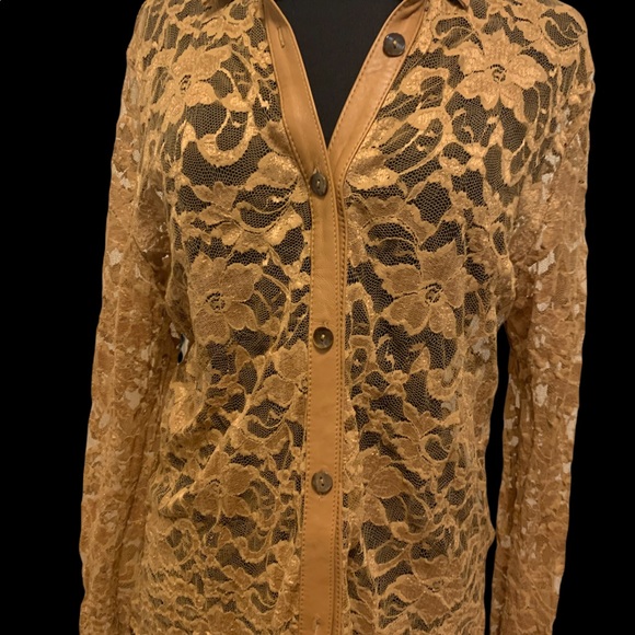 B&J Lace Blouse with Genuine Leather Trim - Picture 14 of 16